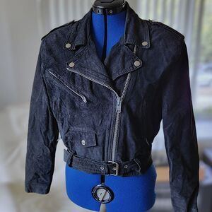 Vtg 90s Cosa Nova black nubuck leather belted moto jacket